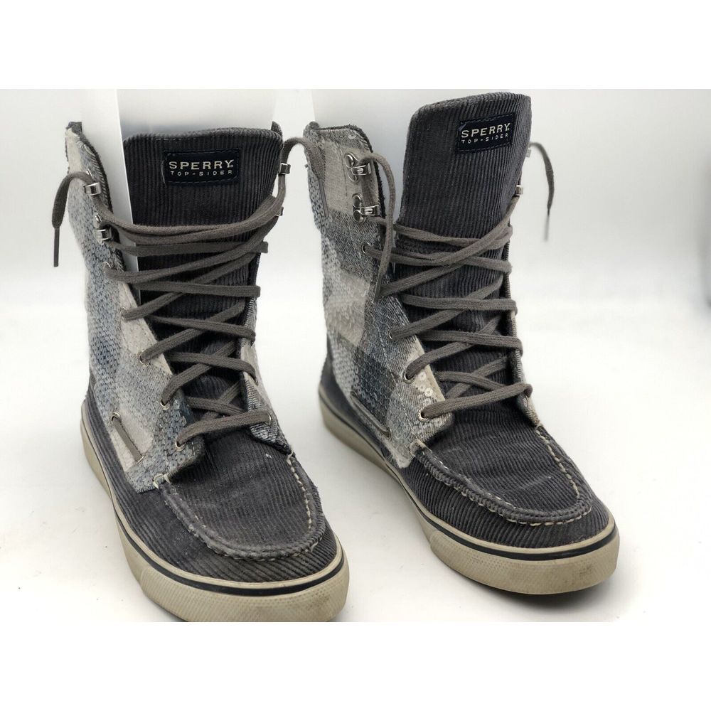 Sperry Topsider Womens Size 8 M‎ High Top Gray Corduroy Plaid Sequin Sneakers